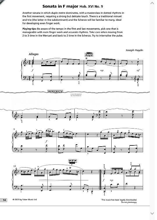 sonata in f major hob. xvi no.9 klavier solo joseph haydn