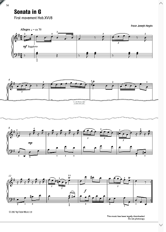 sonata in g first movement hob. xvi/8 best of grade 4 piano klavier solo franz joseph haydn