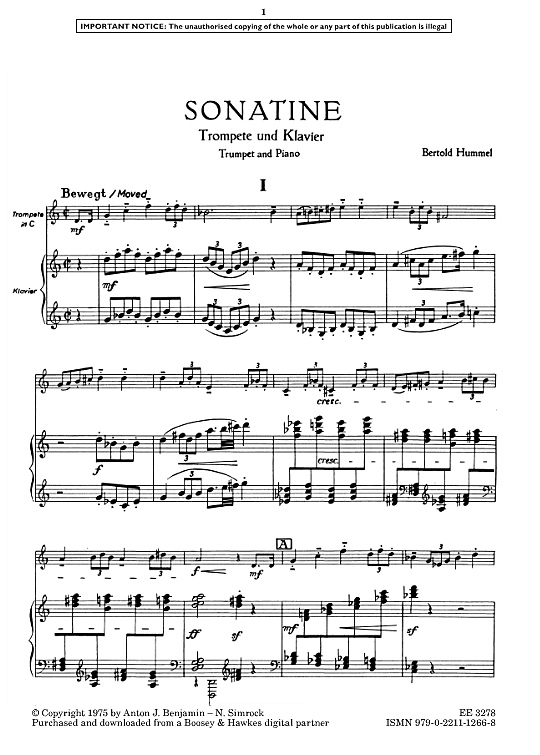 sonatina, op. 1a klavier & melodieinstr. bertold hummel