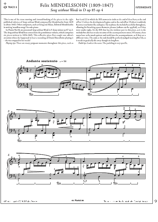 song without words in d op.85, no.4 klavier solo felix mendelssohn