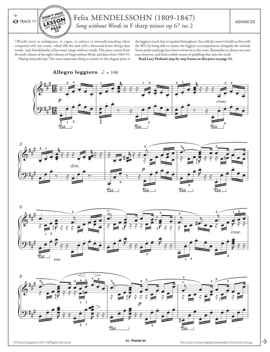 song without words in f sharp minor op.67 no.2 klavier solo felix mendelssohn
