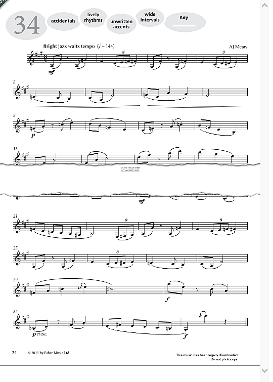 study no.34 bright jazz waltz tempo from more graded studies for clarinet book one  solo 1 st. aj mears