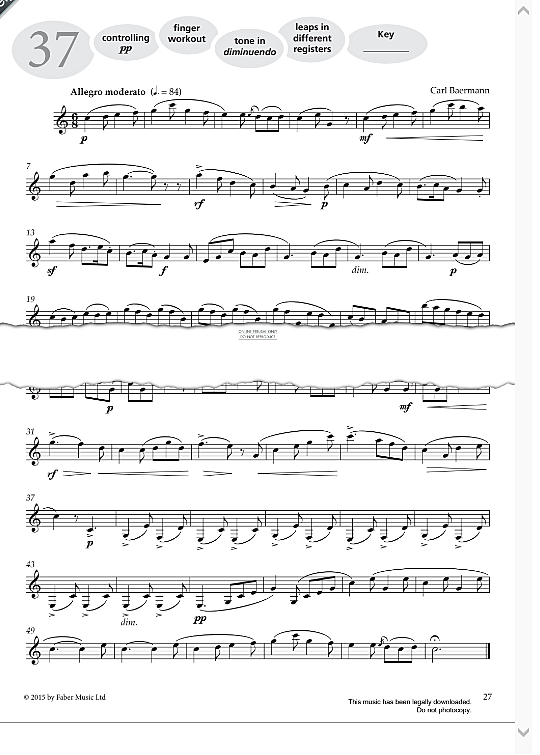study no.37 allegro moderato from more graded studies for clarinet book one  solo 1 st. carl baermann