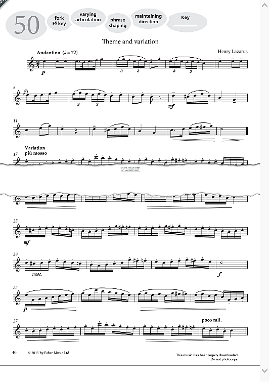 study no.50 theme and variation from more graded studies for clarinet book one  solo 1 st. henry lazarus