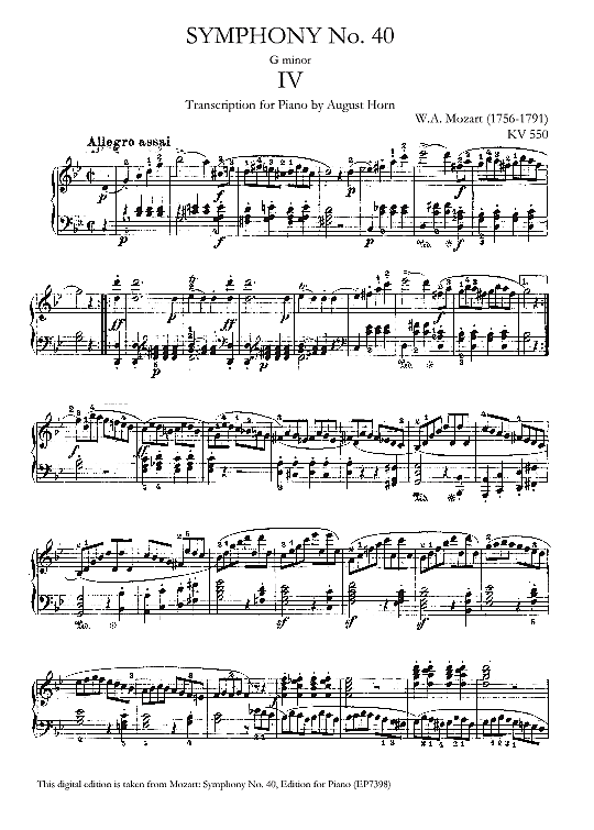 symphony no.40 in g minor k550, movement iv klavier solo wolfgang amadeus mozart