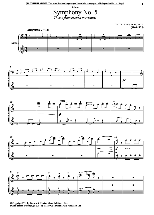symphony no. 5, theme from second movement klavier vierhndig dmitri shostakovich