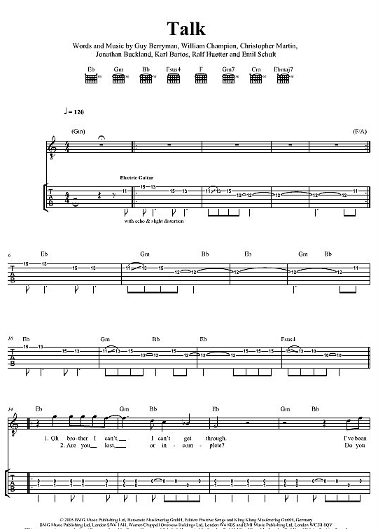 Talk Gitarre Tab Pdf Noten Von Coldplay In G Moll Fbd 328