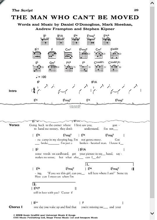 the man who can t be moved songbook mit akkorden the script