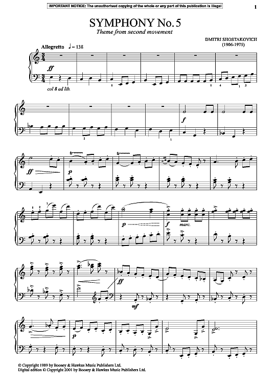 theme from 2nd movement, symphony no. 5 klavier solo dmitri shostakovich