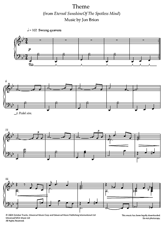 theme from "eternal sunshine of the spotless mind" klavier solo jon brion