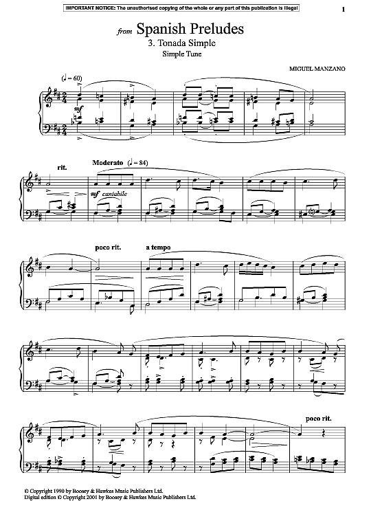 tonada simple simple tune from spanish preludes klavier solo miguel manzano