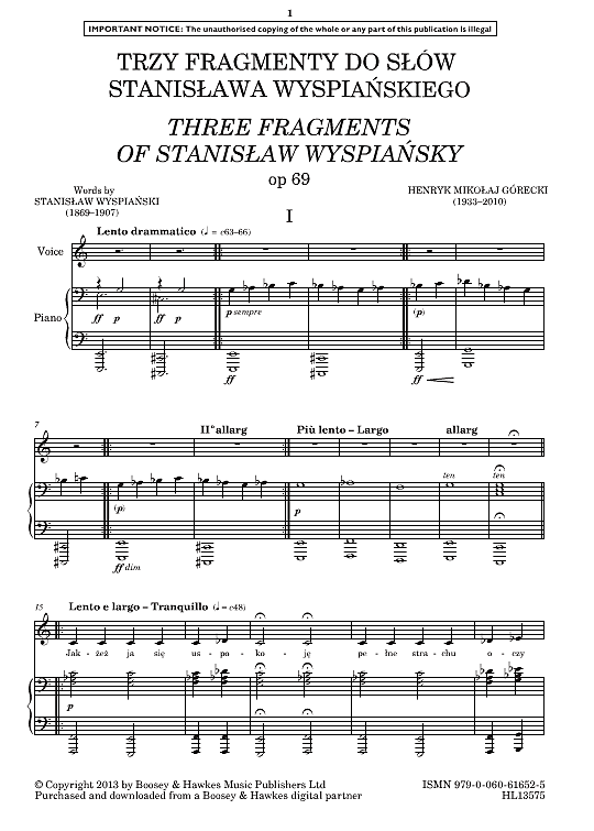 trzy fragmenty do slow stanislawa wyspianskiego three fragments of stanislaw wyspianski klavier & gesang henryk mikolaj gorecki