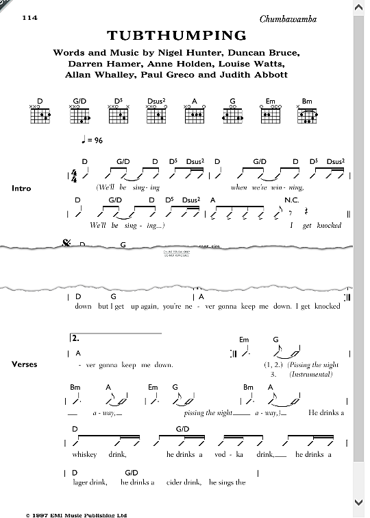 tubthumping songbook mit akkorden chumbawamba
