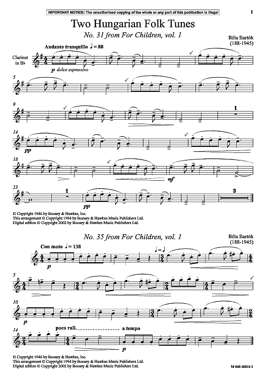 two hungarian folk tunes no. 31 from for children vol. 1  klavier & melodieinstr. bela bartok