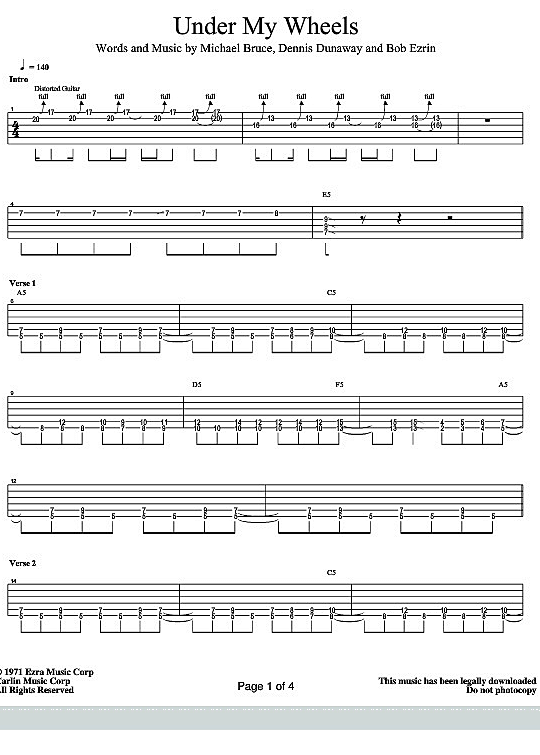 under my wheels gitarre tab alice cooper