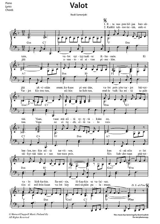 Valot Klavier Solo - PDF Noten Von Rauli "Badding" Somerjoki In - Fbd-16578