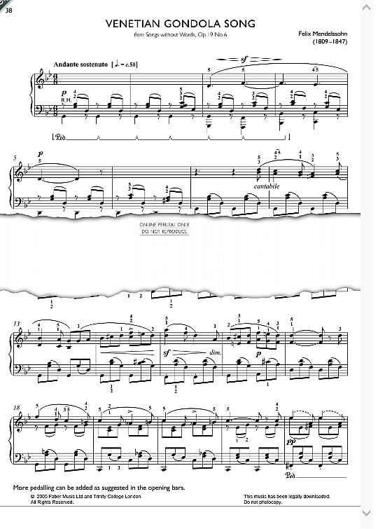 venetian gondola song op.19 no.6 klavier solo felix mendelssohn