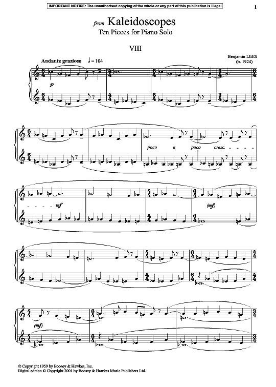 viii from kaleidoscopes, ten pieces for piano solo klavier solo benjamin lees