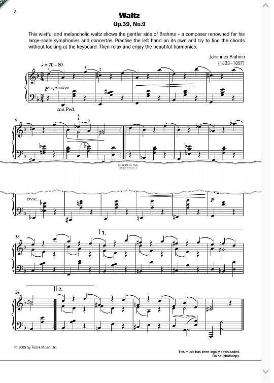waltz in d minor op. 39 no. 9 klavier solo johannes brahms