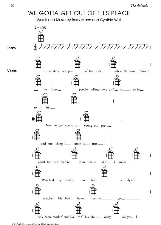 we gotta get out of this place ukulele chord songbook the animals