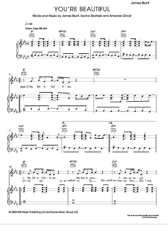 You Re Beautiful Klavier Gesang And Gitarre Pdf Noten Von James Blunt In Es Dur Fbd 6420
