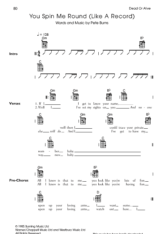 you spin me round like a record ukulele chord songbook dead or alive