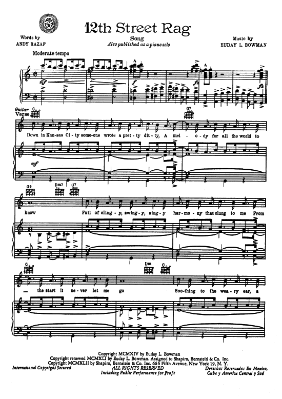 12th Street Rag (Klavier + Gesang) (Klavier Gesang  Gitarre) von Louis Armstrong Ragtime Standard 