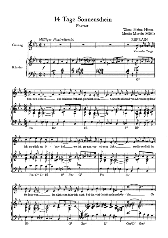 14 Tage Sonnenschein (Klavier + Gesang) (Klavier Gesang  Gitarre) von 1952