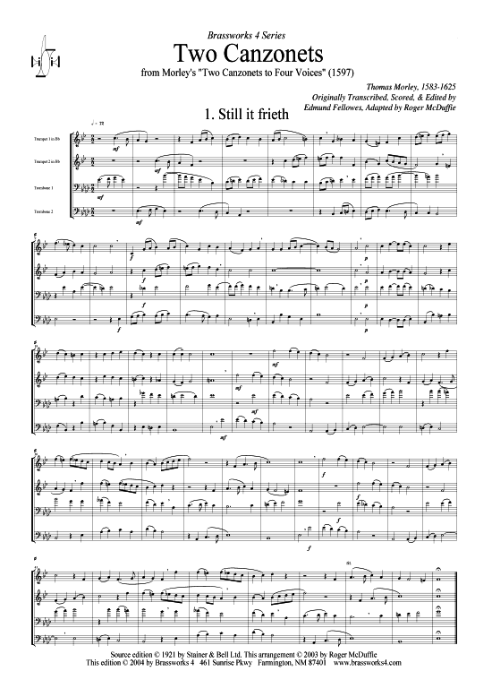 2 Canzonette (2xTromp in B C Horn in F (Pos) Pos) (Quartett (Blech Brass)) von Thomas Morley