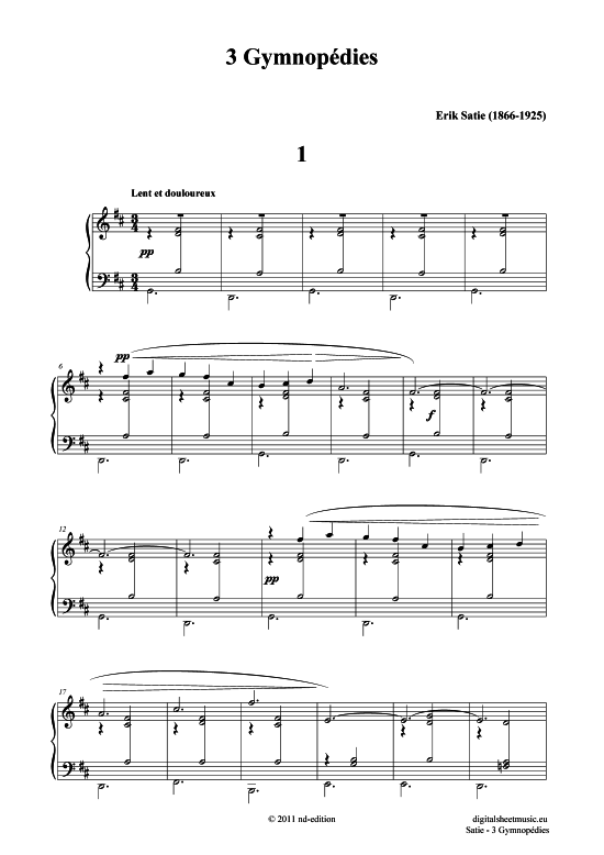 3 Gymnopedies f r Klavier solo (Klavier Solo) von Erik Satie (1866-1925)