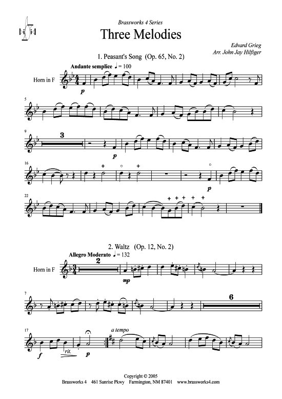 3 Melodies (Horn in F + Klavier) (Klavier  Horn) von Edvard Grieg