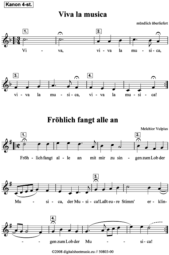 Viva la musica - Fr oumlhlich fangt alle an (Gesang) von 4-stimmig (2 Kanons)