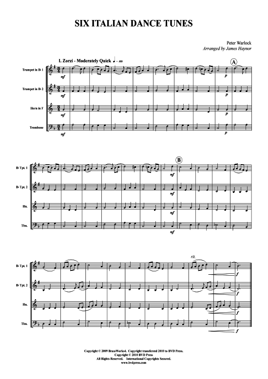 6 Italienische Tanz-Lieder (2xTromp in B Horn in F (Pos) Pos) (Quartett (Blech Brass)) von Peter Warlock