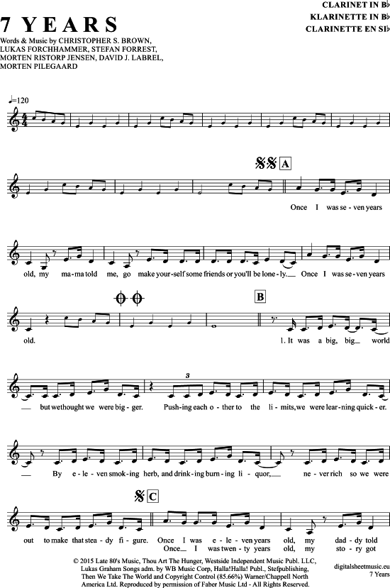 7 Years (Klarinette in B) (Klarinette) von Lukas Graham