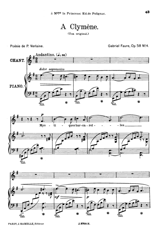A Clym egrave ne Op.58 No.4 (Sopran + Klavier) (Klavier  Gesang hoch) von Gabriel Faur eacute 