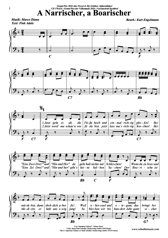A Narrischer a Boarischer (Klavier + Gesang) (Klavier Gesang  Gitarre) von Alex Pezzei amp Die Gr ouml dner Alphornbl auml ser