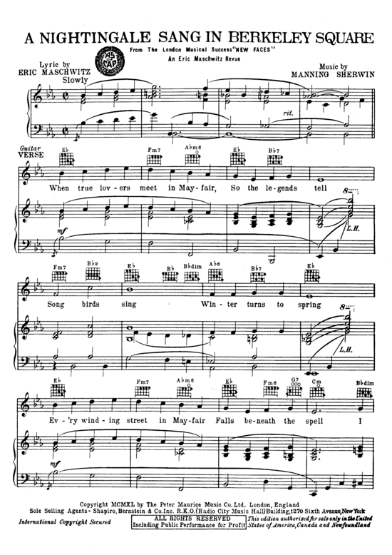 A Nightingale Sang In Berkeley Square (Klavier + Gesang) (Klavier Gesang  Gitarre) von Frank Sinatra Rod Stewart Nat King Cole 