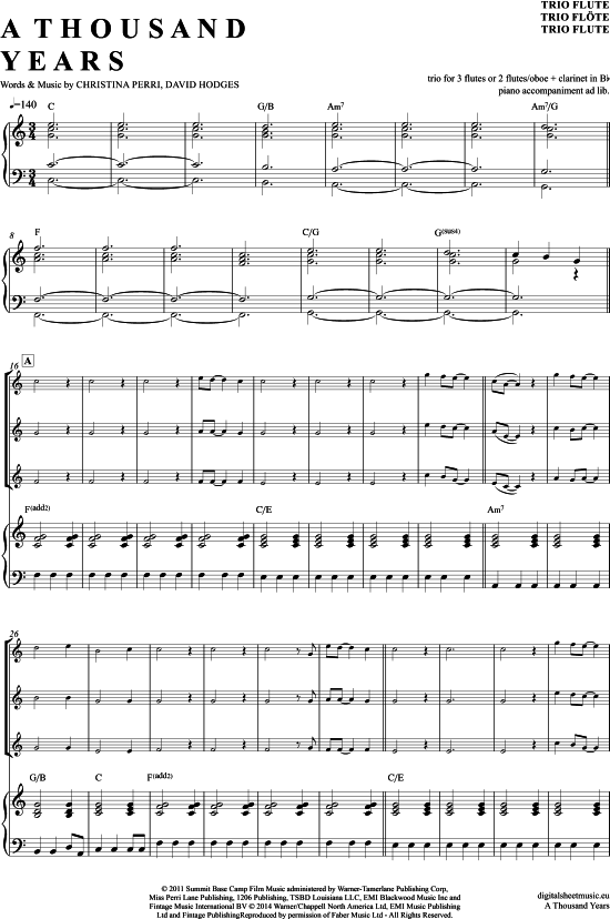 A Thousand Years (Fl ouml ten Trio + Klavier) (Trio (Fl te)) von Christina Perri