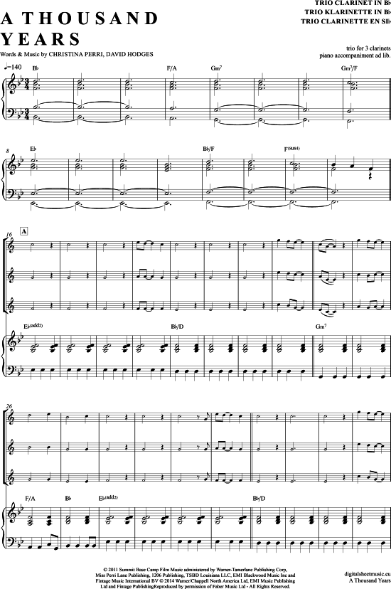 A Thousand Years (Klarinetten Trio + Klavier) (Trio (Klarinette)) von Christina Perri
