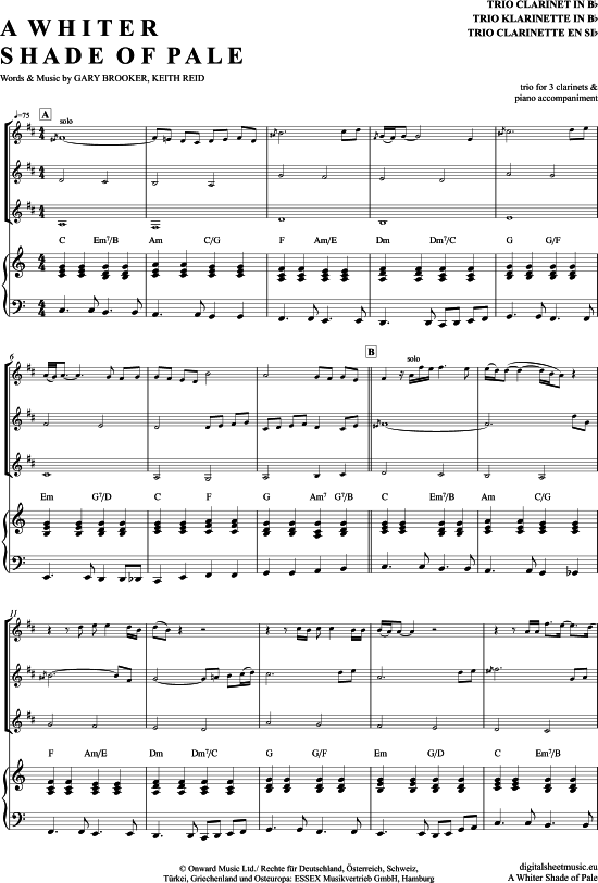 A Whiter Shade Of Pale (Klarinetten Trio + Klavier) (Trio (Klarinette)) von Procol Harum