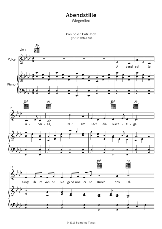 Abendstille - Wiegenlied (Gesang + Klavier Gitarre) (Klavier  Gesang) von Fritz J de