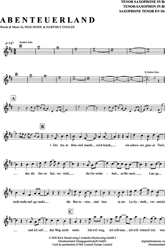 Abenteuerland (Tenor-Sax) (Tenor Saxophon) von Pur