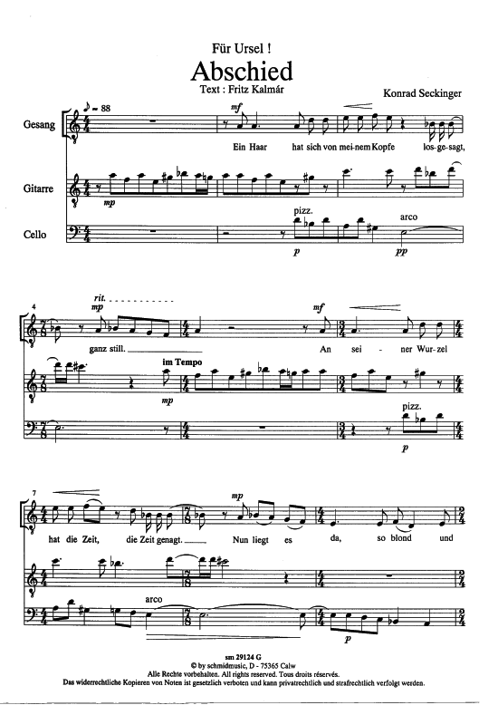 Abschied (Gesang mittel Fl ouml te Cello + Gitarre) (Quartett (4 St.)) von Konrad Seckinger