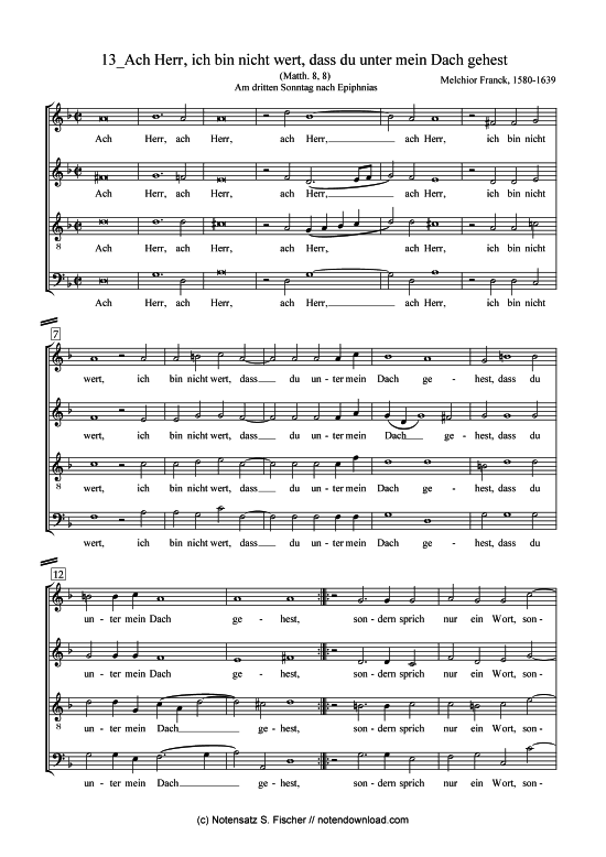 Ach Herr ich bin nicht wert dass du unter mein Dach gehest (Gemischter Chor) (Gemischter Chor) von Melchior Franck (1580-1639)