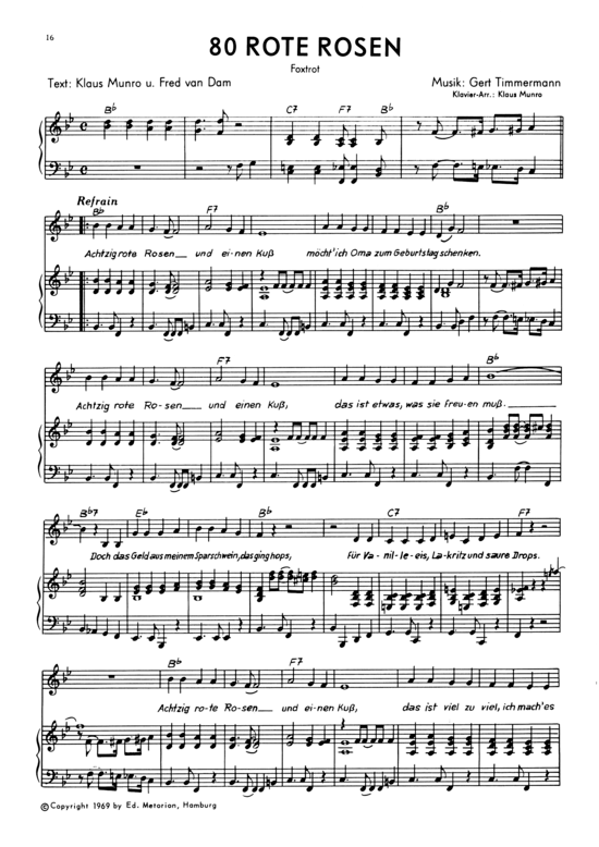 Achtzig rote Rosen (Klavier + Gesang) (Klavier Gesang  Gitarre) von Foxtrott (1969)