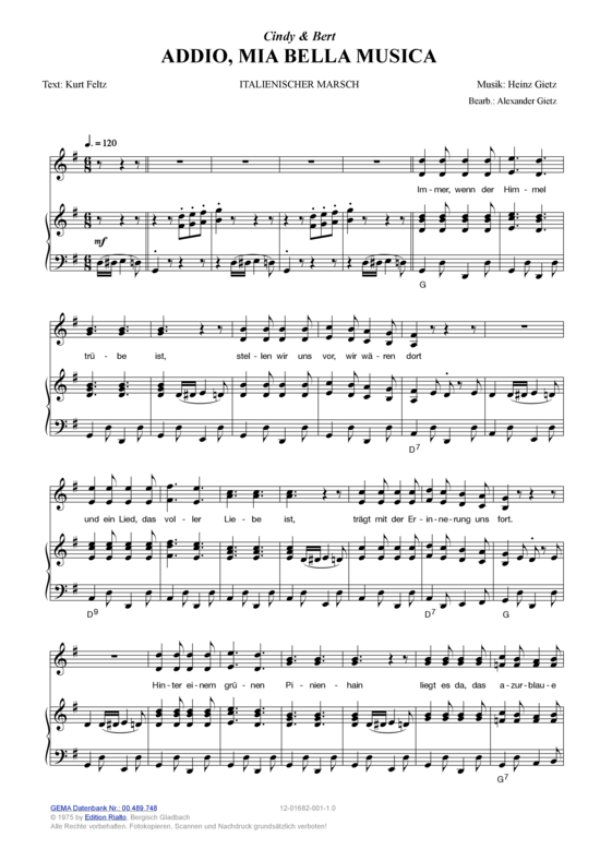 Addio mia bella musica (Klavier + Gesang) (Klavier Gesang  Gitarre) von Cindy amp Bert