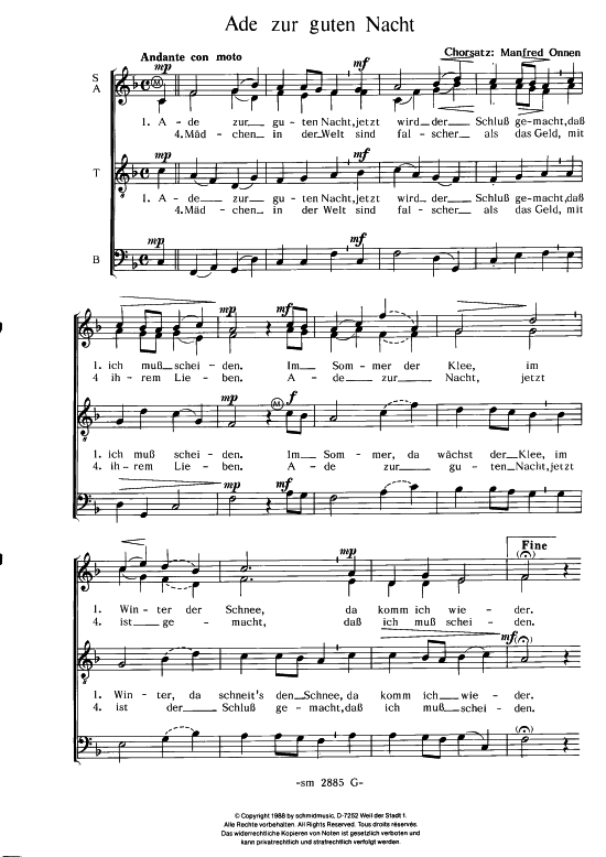 Ade zur guten Nacht (Gemischter Chor) (Gemischter Chor) von Traditional (Satz Manfred Onnen)