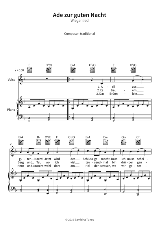 Ade zur guten Nacht - Wiegenlied (Gesang + Klavier Gitarre) (Klavier  Gesang) von traditional
