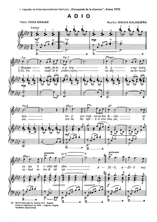 Adio (Klavier + Gesang) (Klavier  Gesang) von Nikica Kalogjera