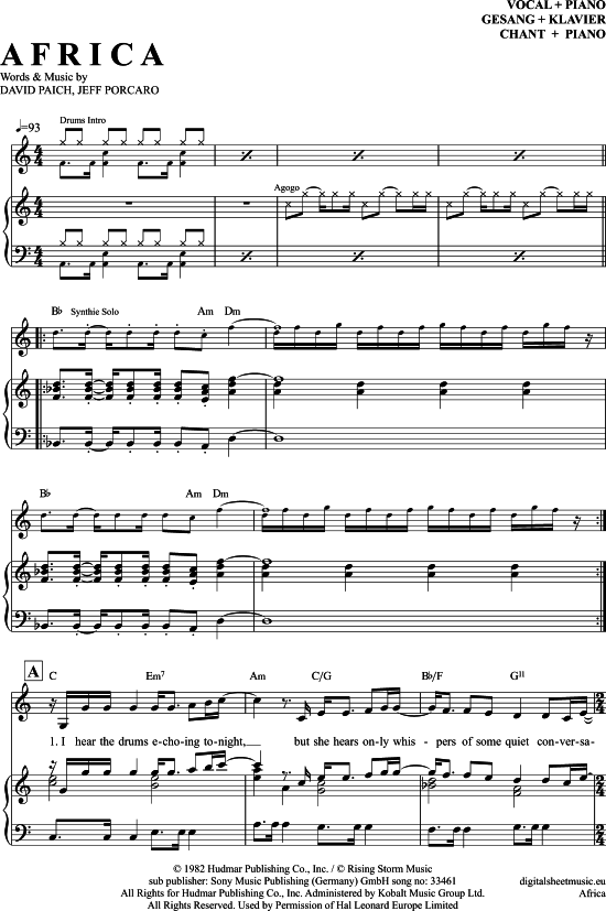 Africa (Klavier + Gesang) (Klavier Gesang  Gitarre) von Toto